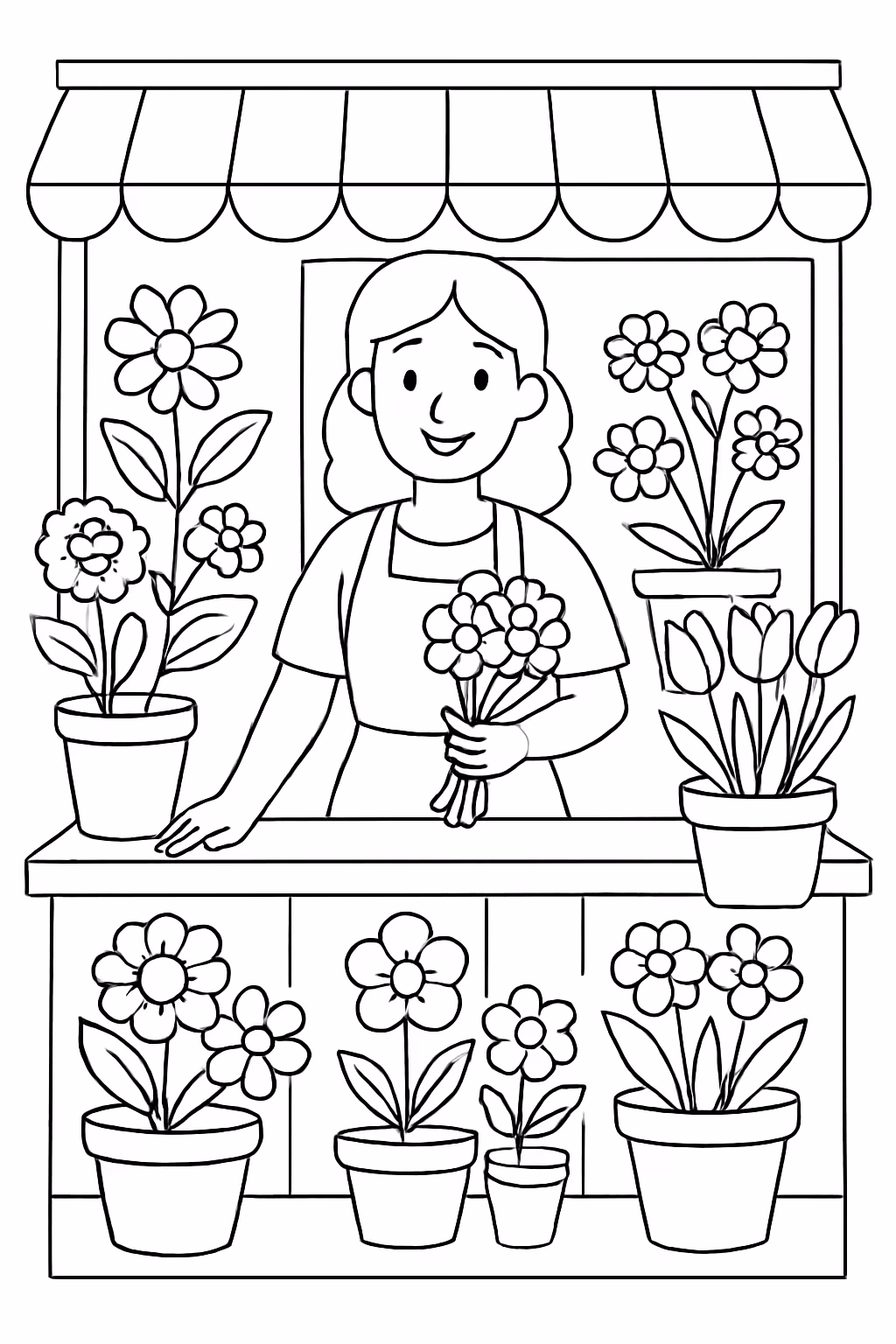 Loja de flores com uma pessoa e muitas flores para colorir — desenho para imprimir