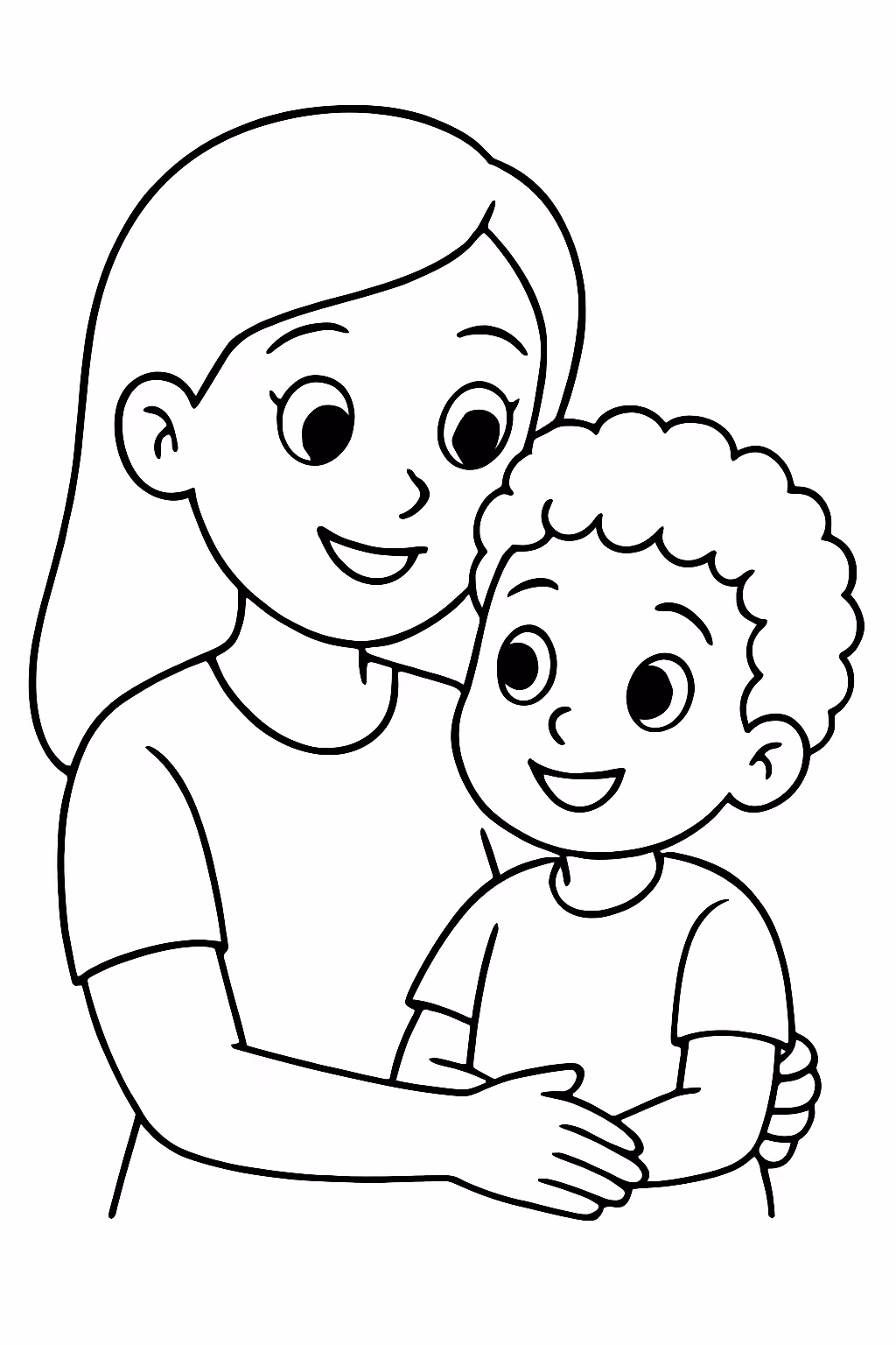 Mae de cabelo liso e filho de cabelo cacheado para colorir — desenho para imprimir