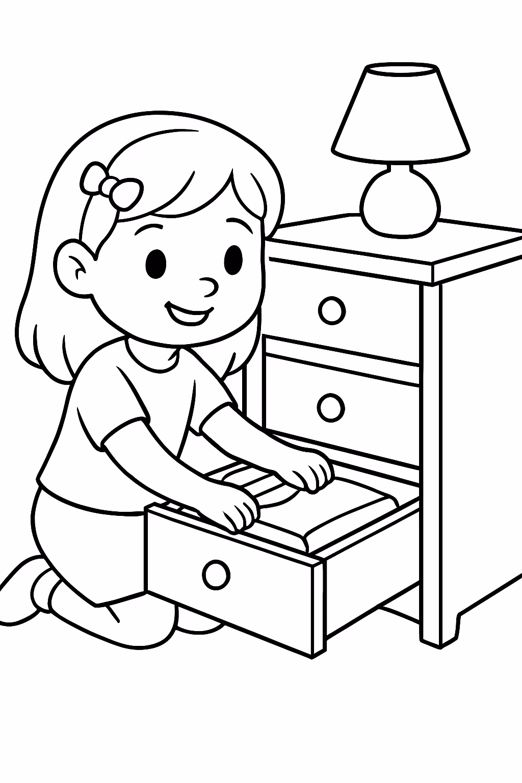Menina arrumando gaveta para colorir — desenho para imprimir