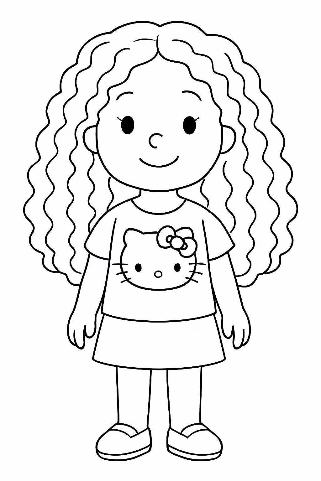 Menina cacheada com cabelos longos com roupas da hello kitty para colorir — desenho para imprimir