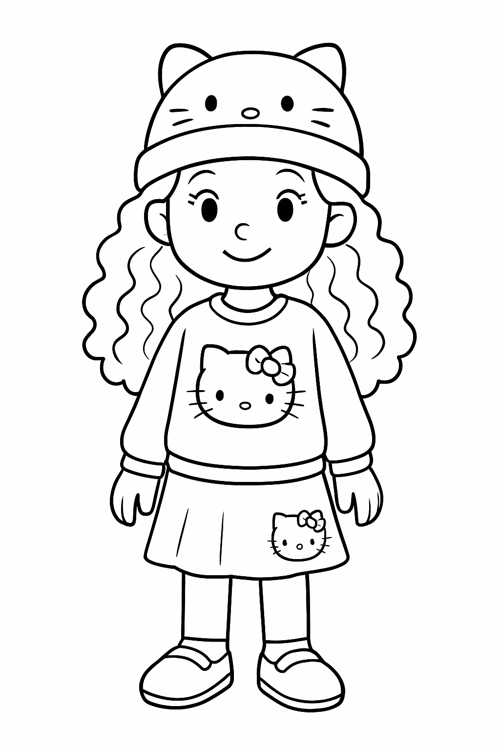 Menina cacheada com cabelos longos com roupas da hello kitty para colorir — desenho para imprimir