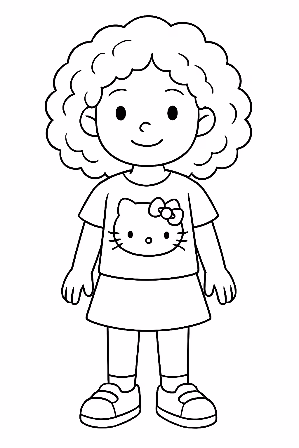 Menina cacheada com cabelos medios com roupas da hello kitty para colorir — desenho para imprimir