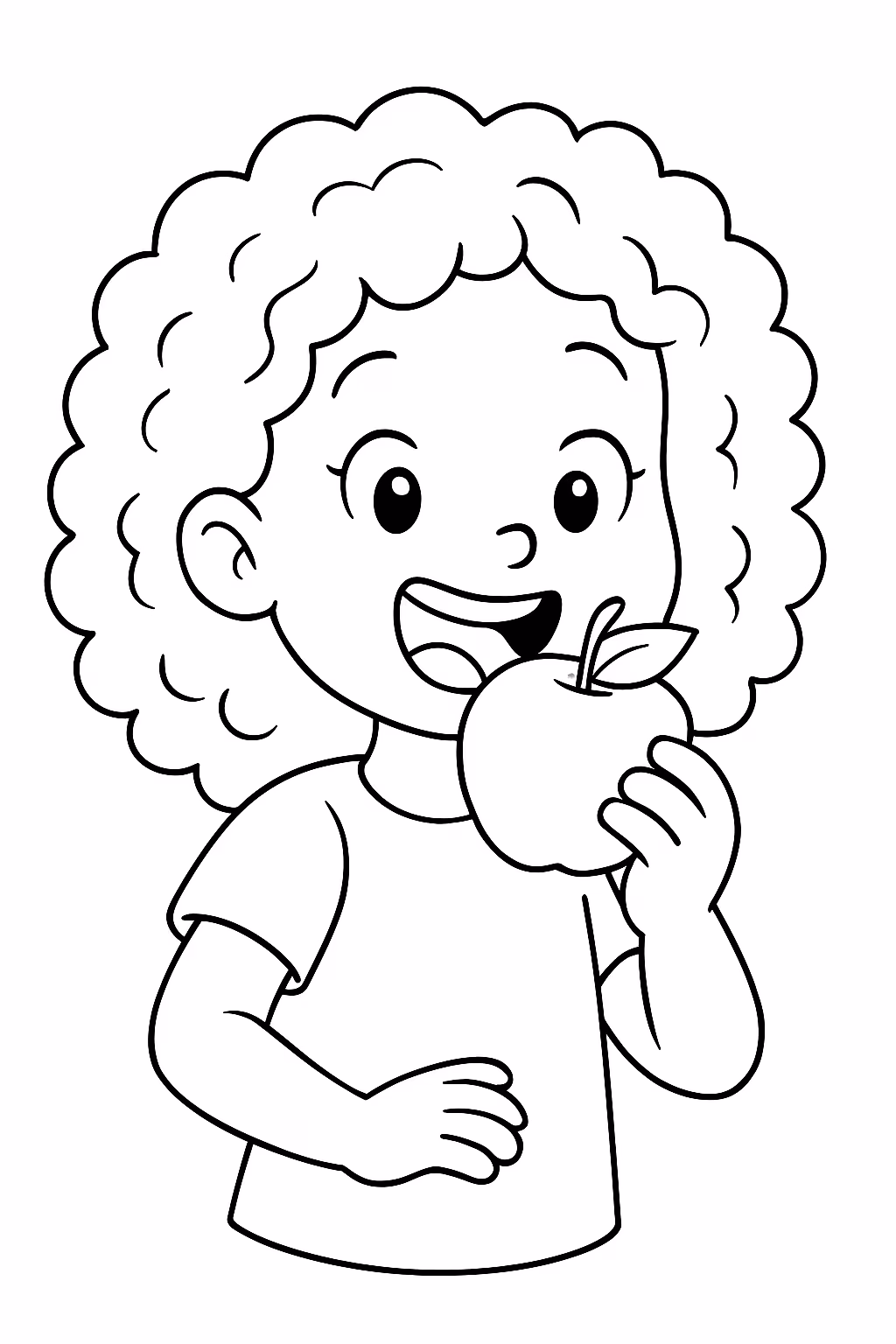Menina cacheada comendo maca para colorir — desenho para imprimir