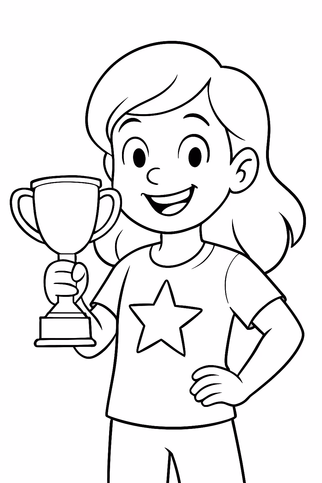 Menina com camisa de estrela sorrindo segurando uma taca de para colorir — desenho para imprimir