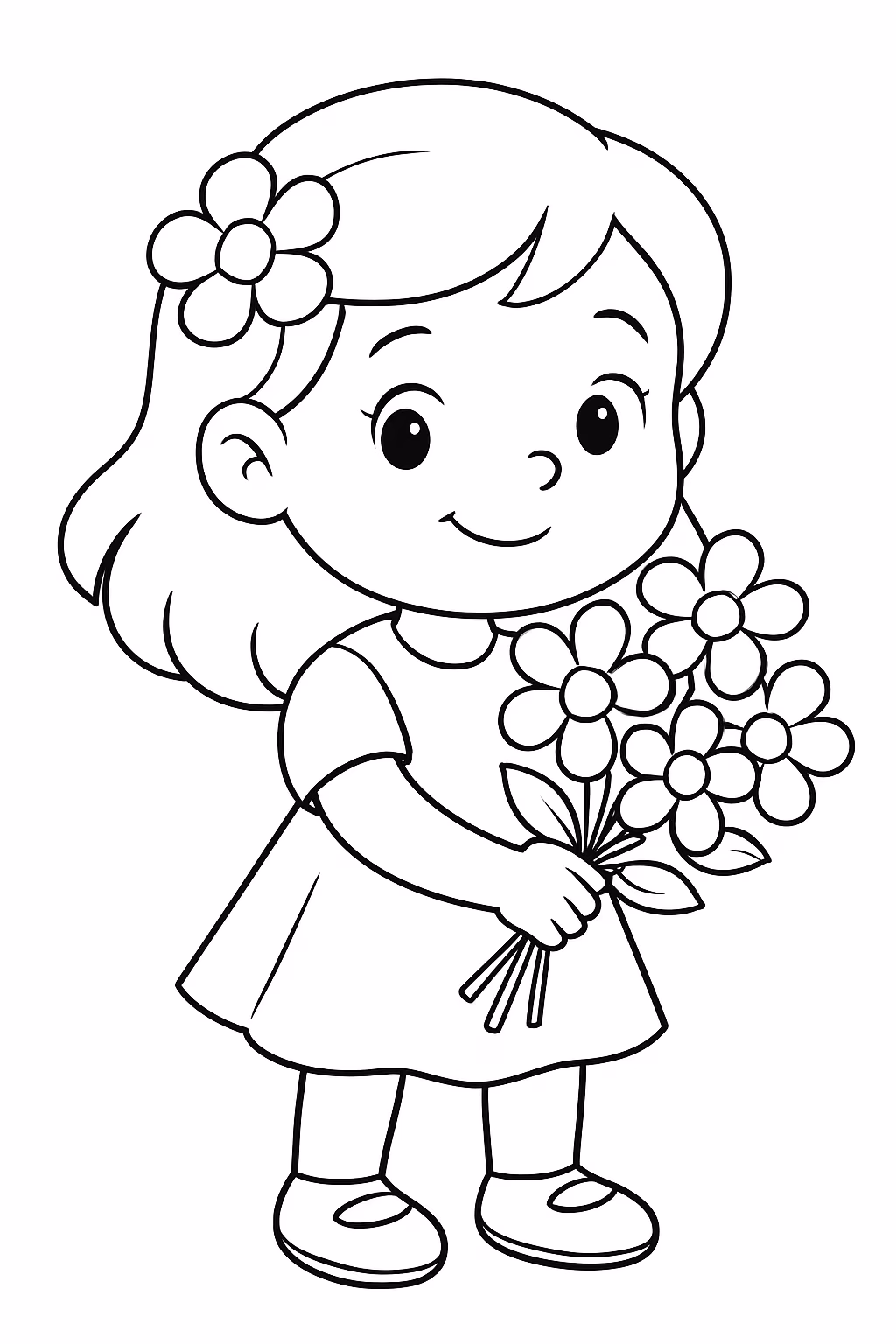Menina com flores para colorir — desenho para imprimir