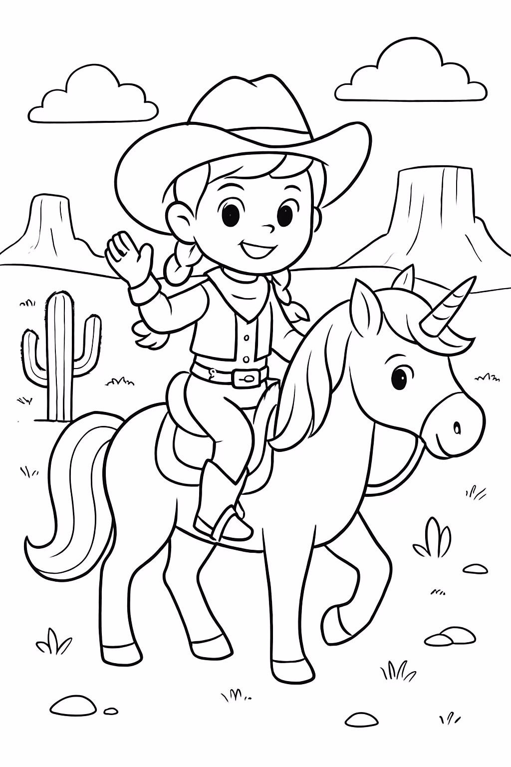 Menina cowboy em seu unicornio paisage texas no fundo para colorir — desenho para imprimir