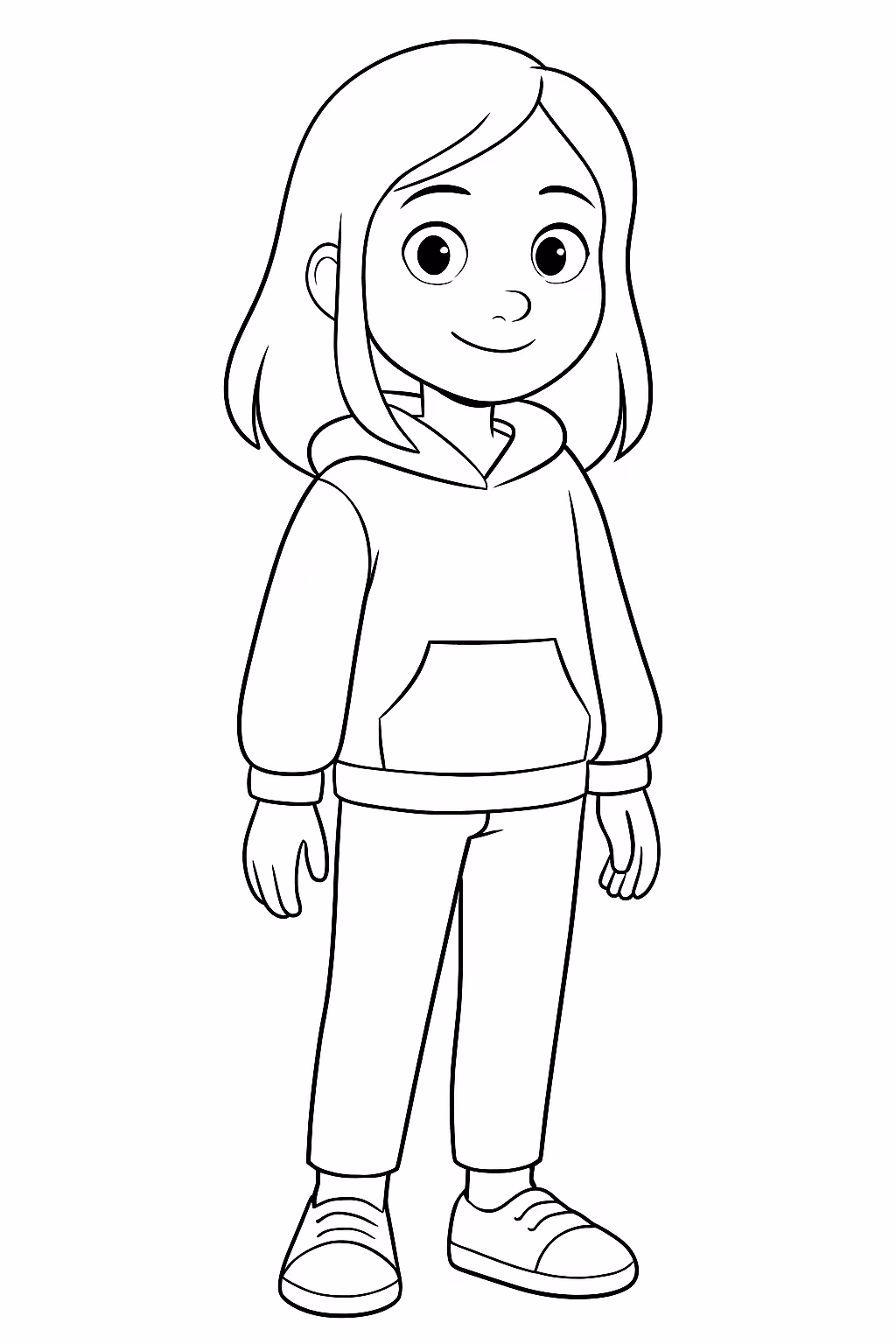 Menina de anos cabelo liso de blusao e calca para colorir — desenho para imprimir