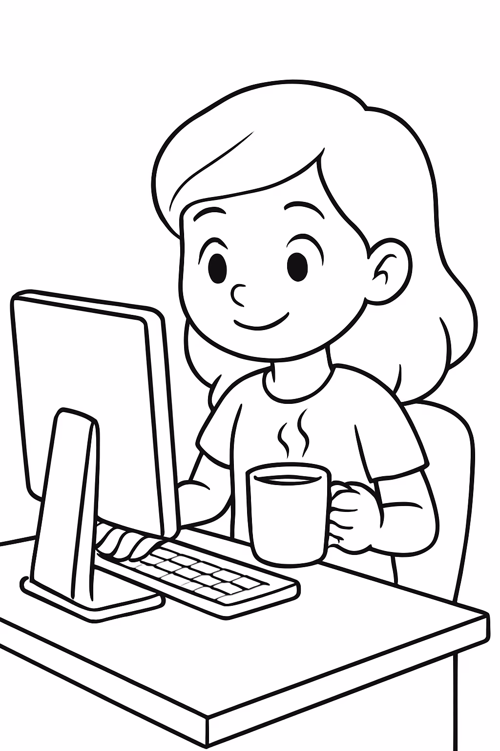 Menina em frente de um computador com cafe na mao para colorir — desenho para imprimir