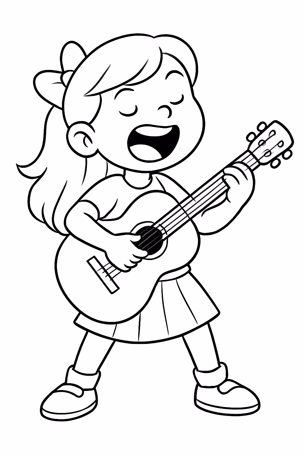 Menina em pe tocando guitarra bem forte para colorir — desenho para imprimir