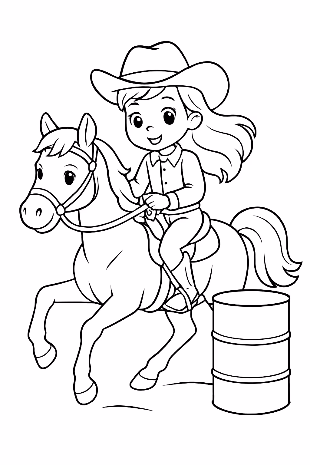 Menina em um cavalo de tambores para colorir — desenho para imprimir