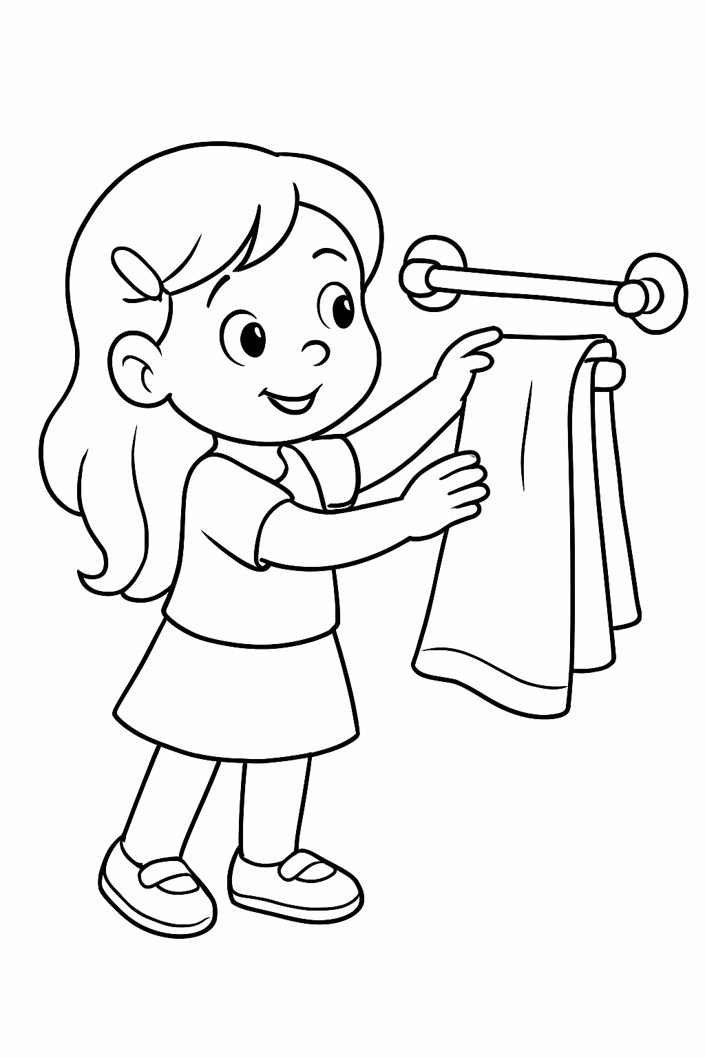 Menina pendurando toalha para colorir — desenho para imprimir