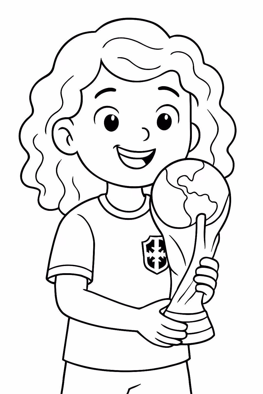 Menina segurando a taca da copa do mundo com a para colorir — desenho para imprimir