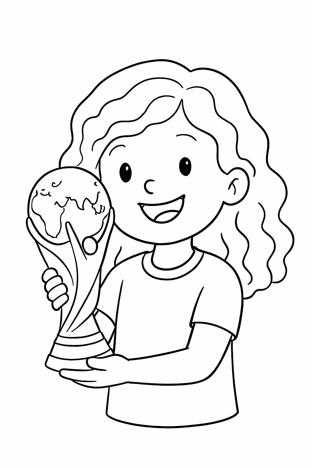 Menina segurando a taca da copa do mundo sendo brasileira para colorir — desenho para imprimir
