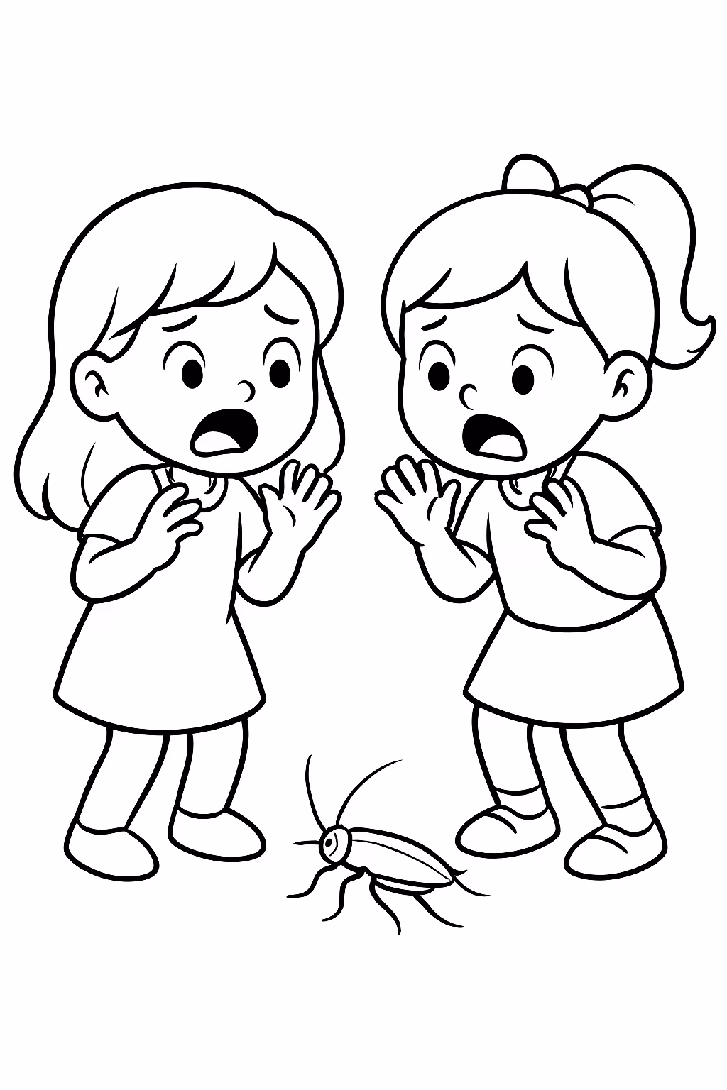 Meninas com medo de barata para colorir — desenho para imprimir