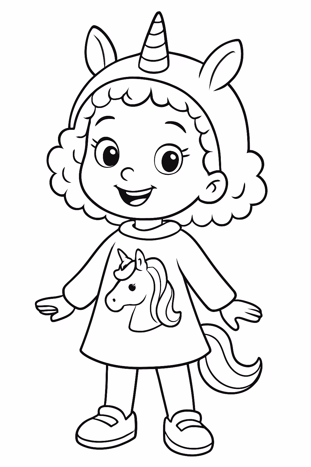 Menininha de anos com cabelo curto cacheado e vestida de para colorir — desenho para imprimir