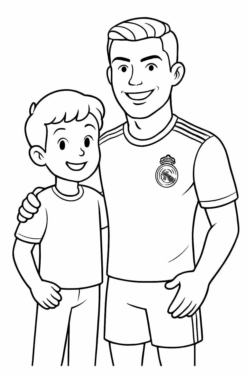 Menino e cristiano ronaldo com a blusa do real madrid para colorir — desenho para imprimir