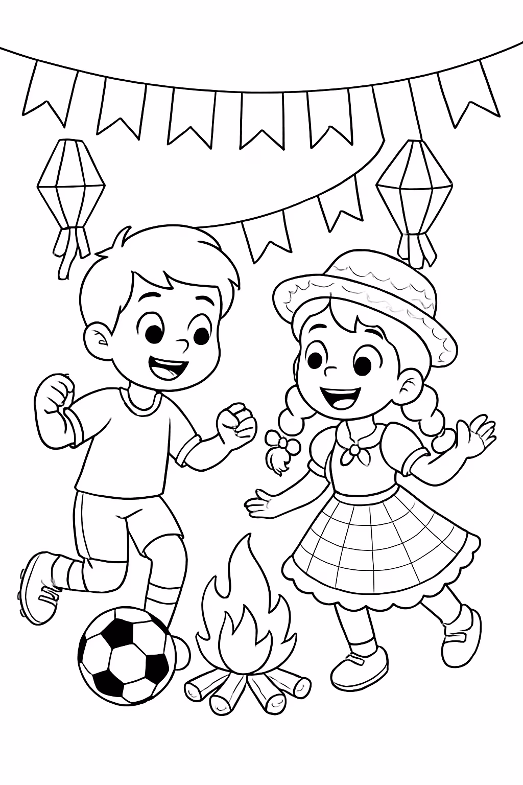 Menino e menina na copa do mundo e a festa para colorir — desenho para imprimir