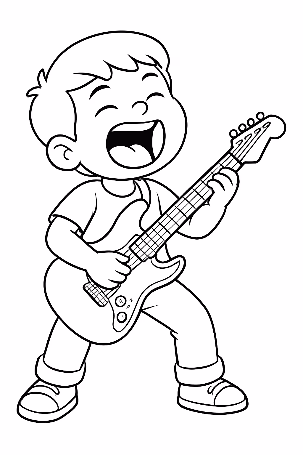 Menino em pe tocando guitarra bem forte para colorir — desenho para imprimir