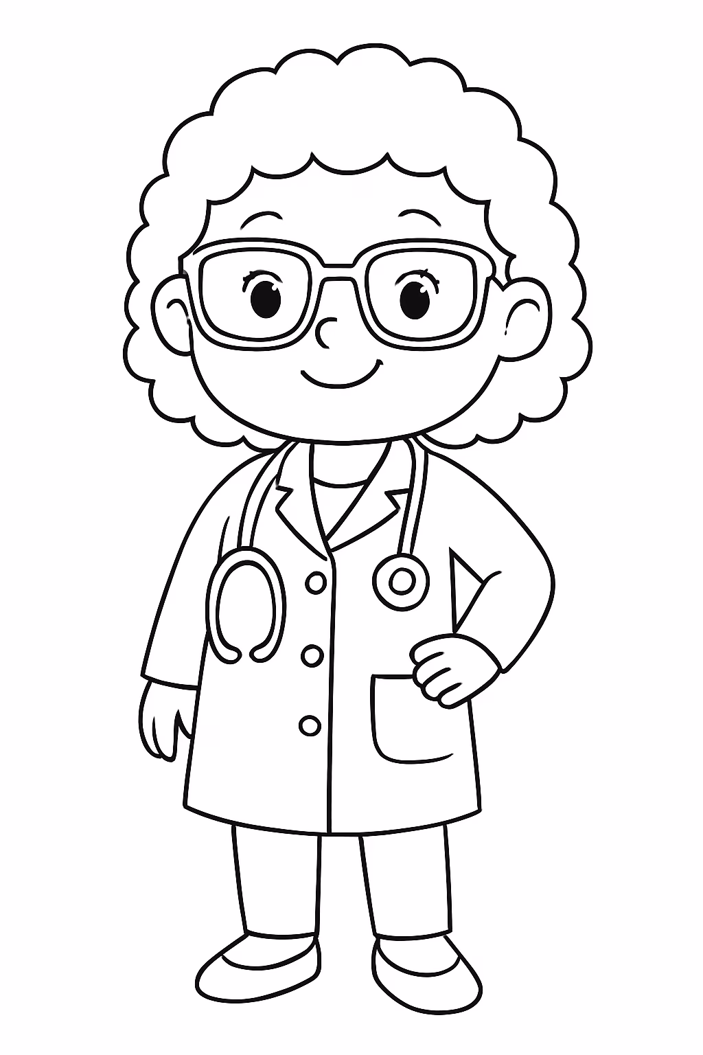 Mulher baixinha fofinha de oculos cabelos bem cacheados e curtinho para colorir — desenho para imprimir