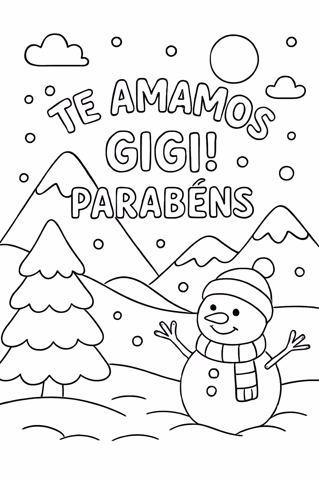 Paisagem de neve escrito te amamos gigi parabens para colorir — desenho para imprimir