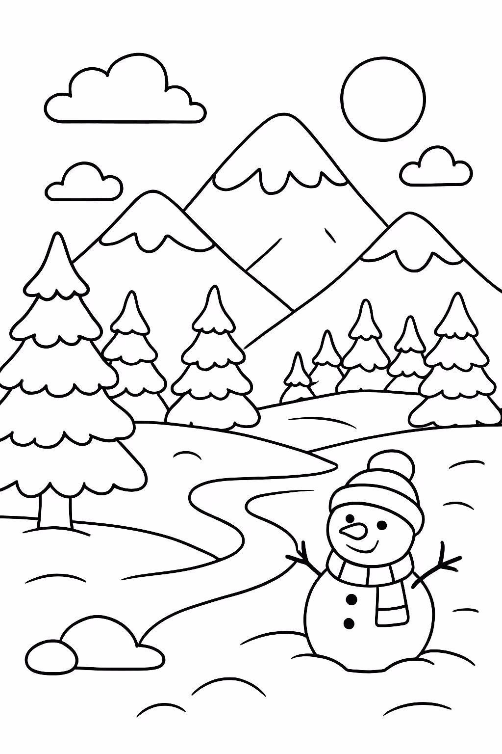 Paisagem de neve para colorir — desenho para imprimir
