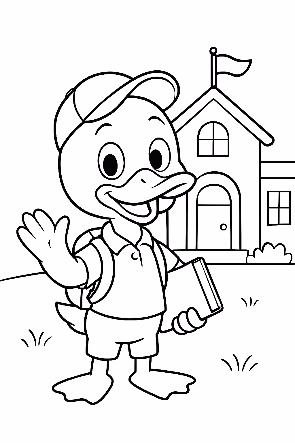 Pato com roupas e escola para colorir — desenho para imprimir