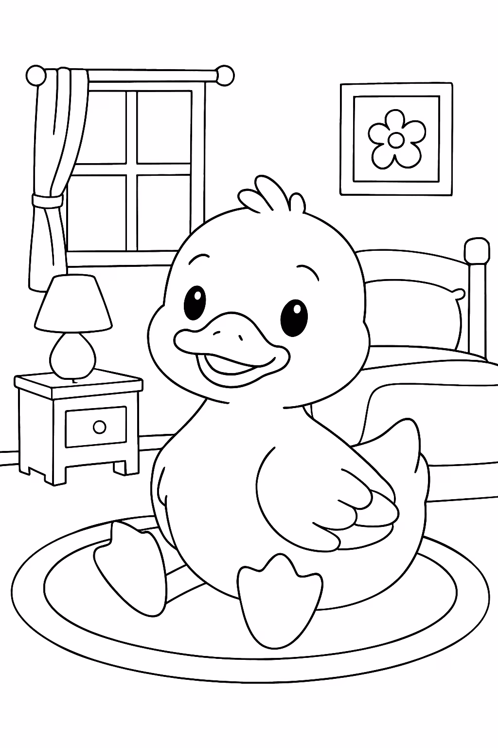 Pato muito fofo de bobbie goods no quarto para colorir — desenho para imprimir
