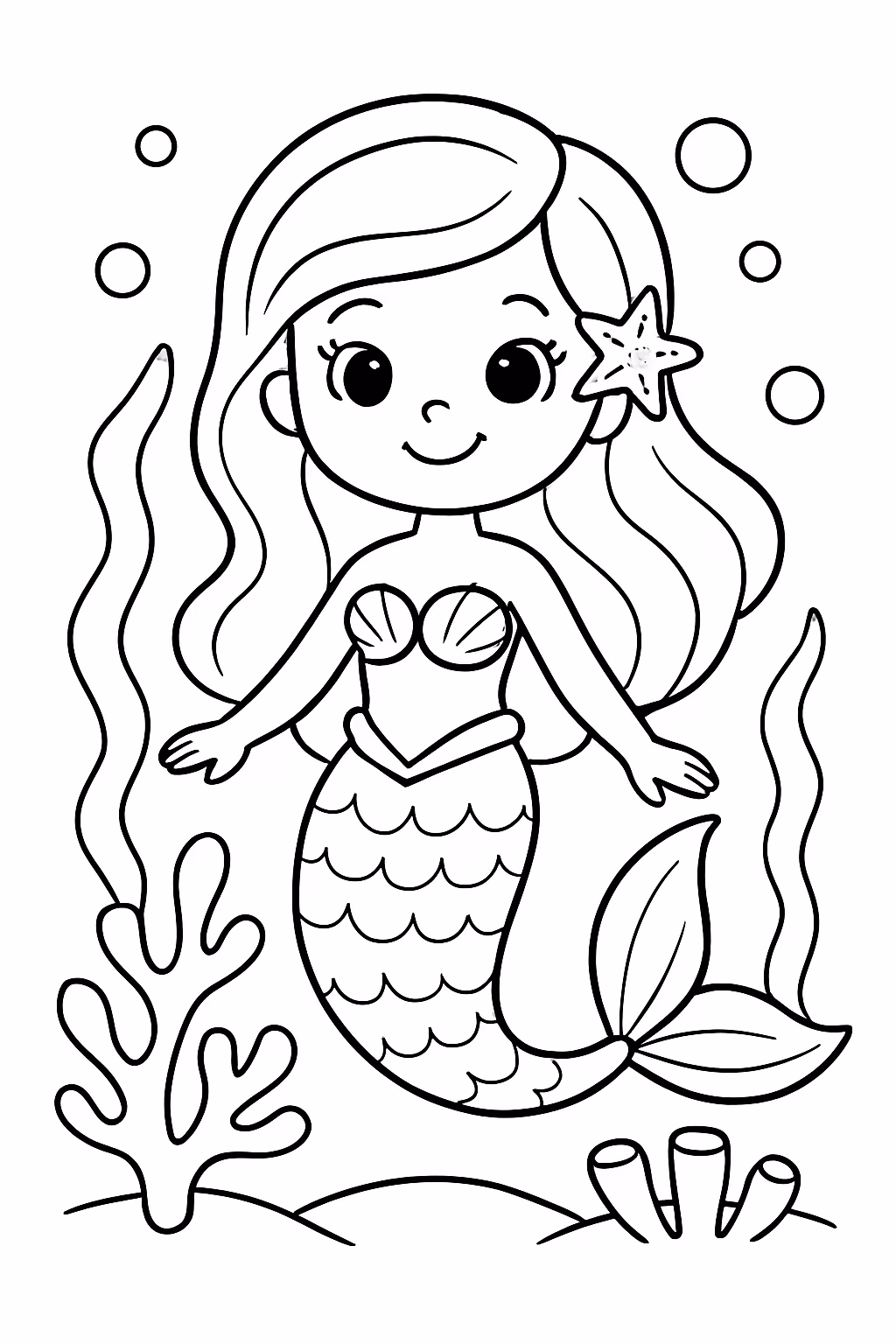 Pequena sereia para colorir — desenho para imprimir