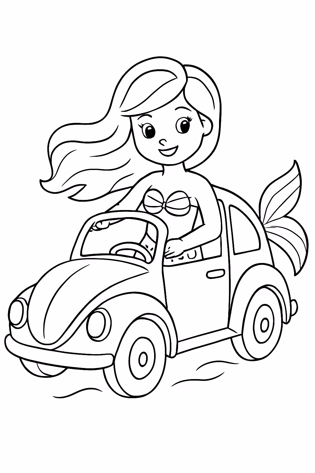 Pequena sereia dirigindo um fusca para colorir — desenho para imprimir