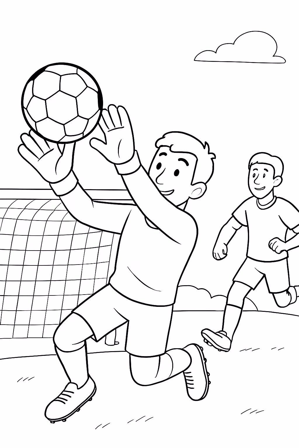 Pessoas adultas jogando futebolgoleiro para colorir — desenho para imprimir