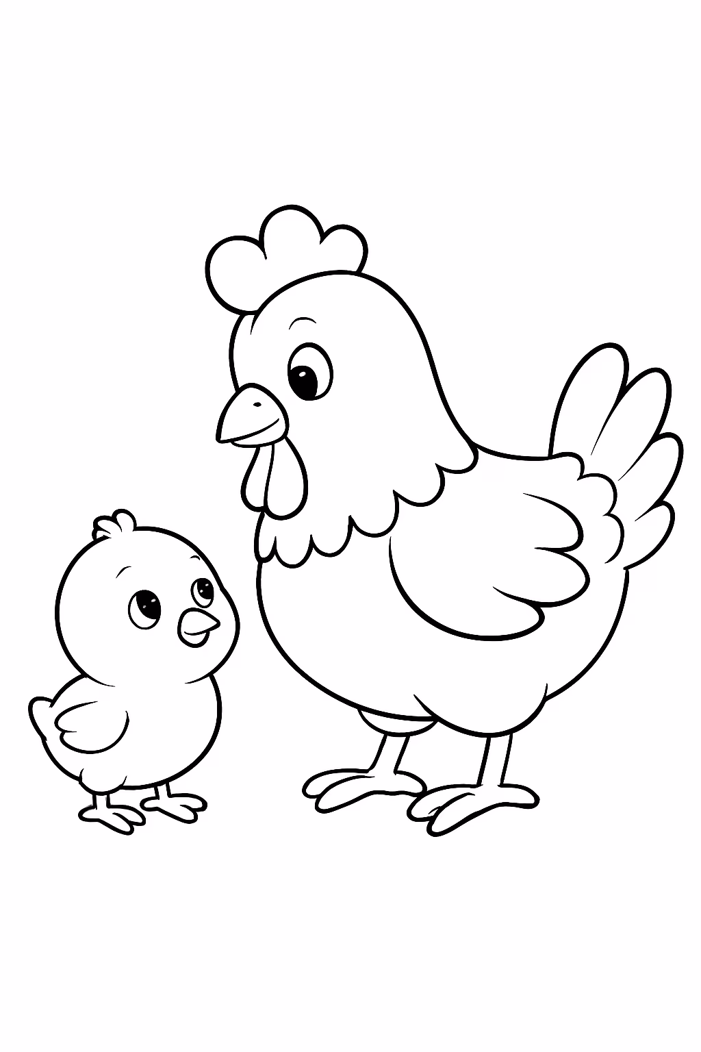 Pintinho fofo com uma galinha para colorir — desenho para imprimir