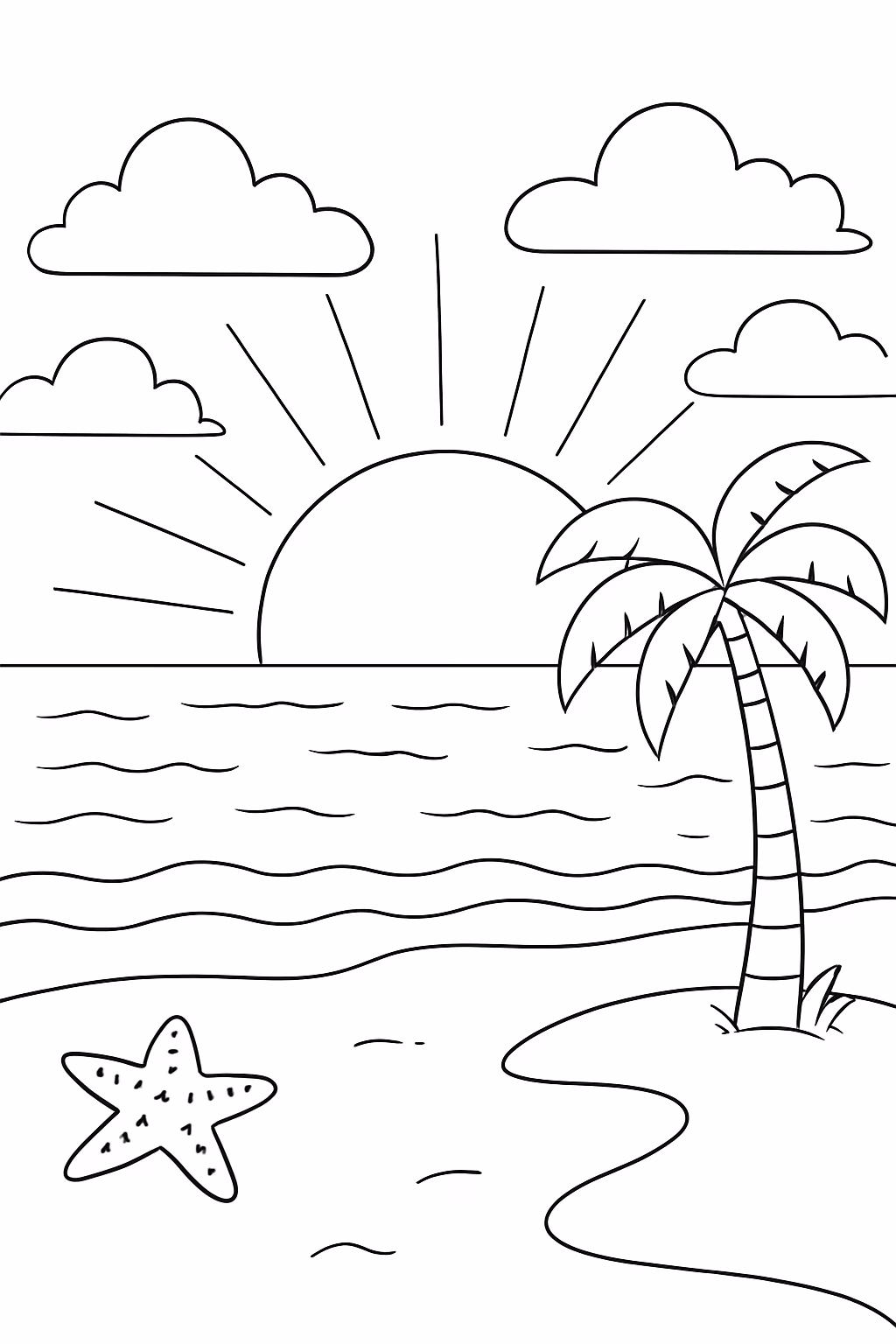 Por do sol na praia para colorir — desenho para imprimir