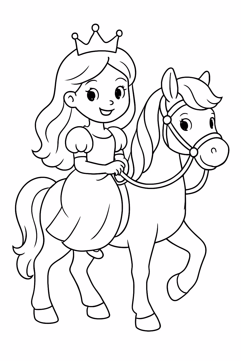 Princesa em um cavalo para colorir — desenho para imprimir