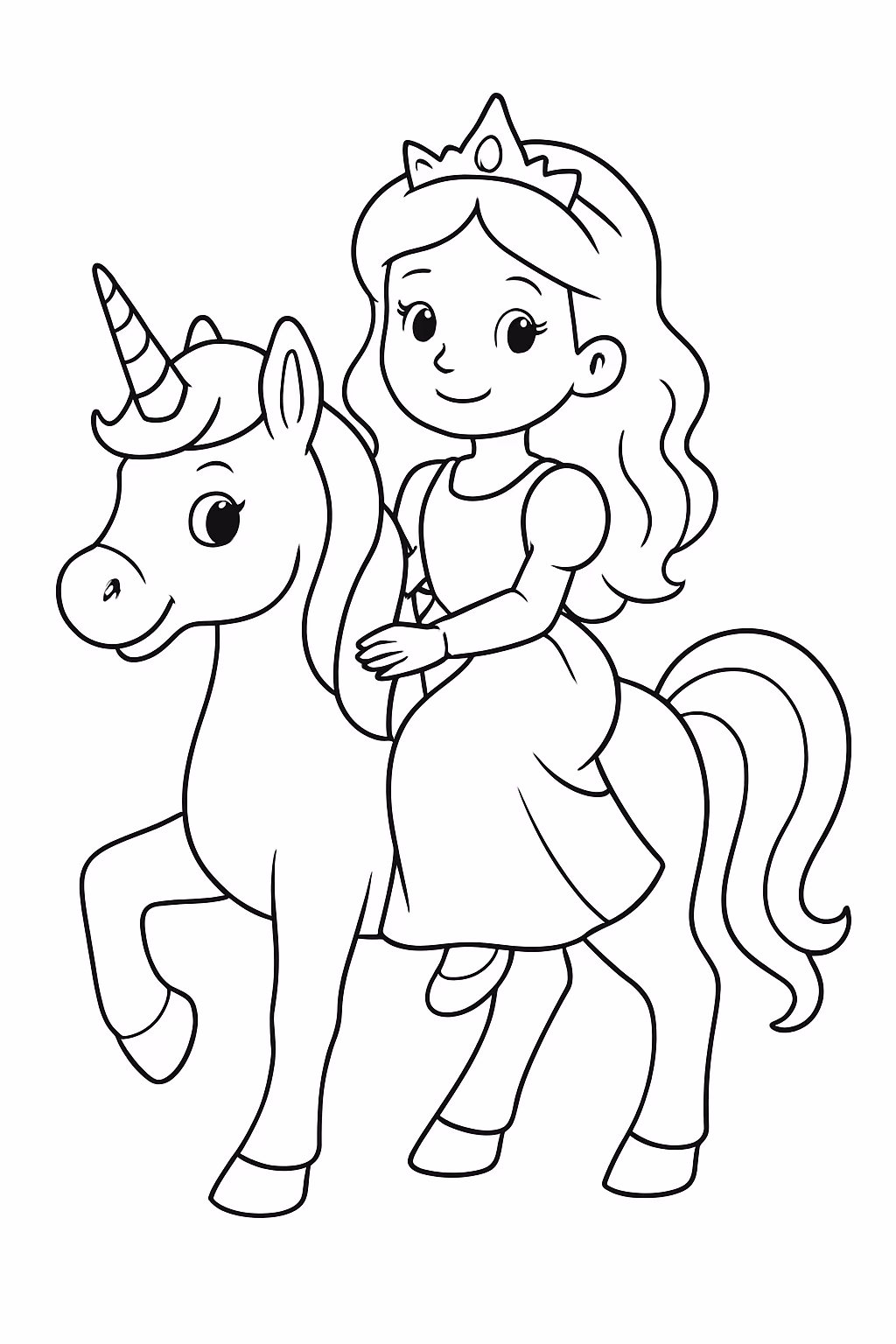 Princesa sentada num unicornio para colorir — desenho para imprimir