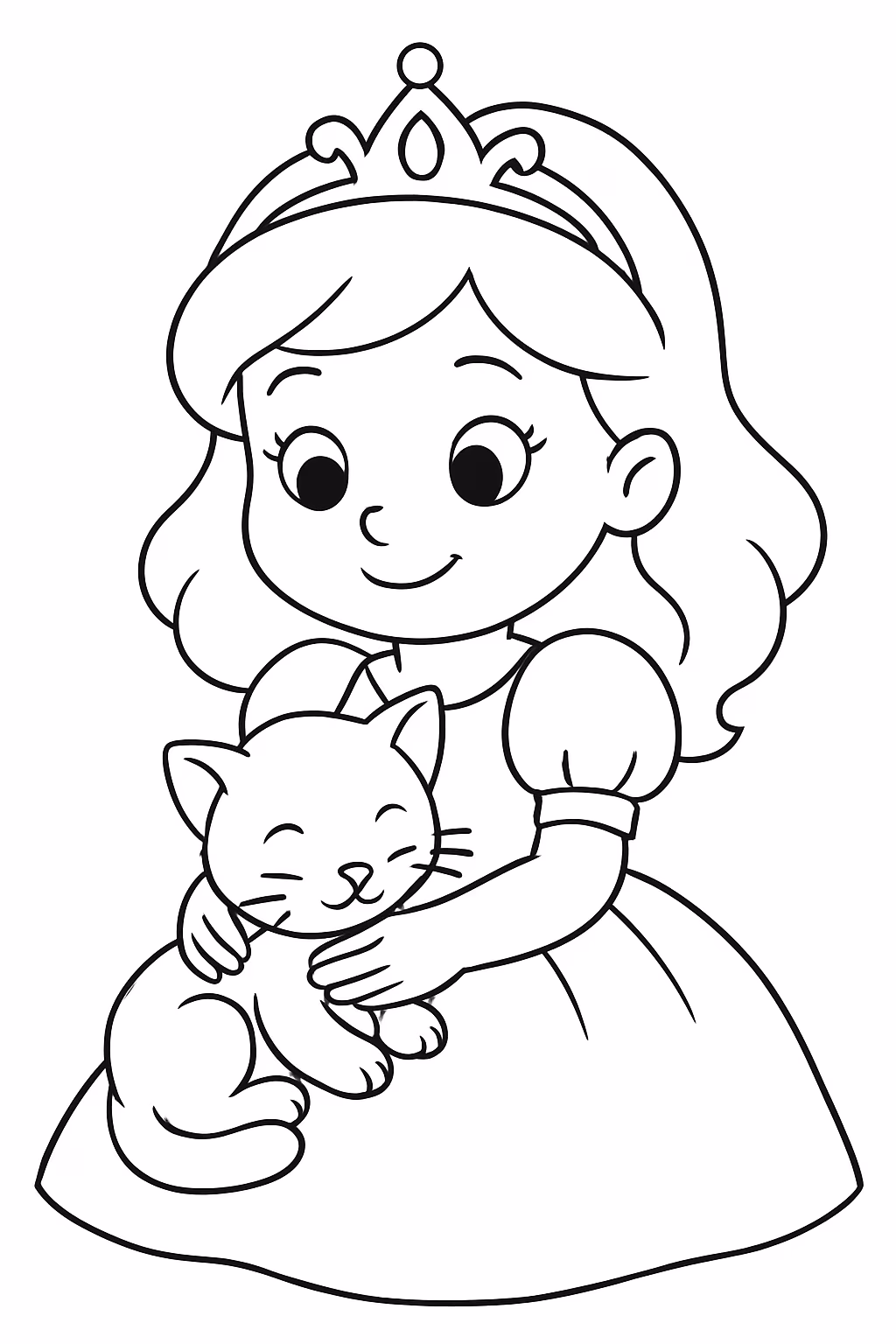 Princesinha fofa com um gatinho no colo fazendo carinho para colorir — desenho para imprimir