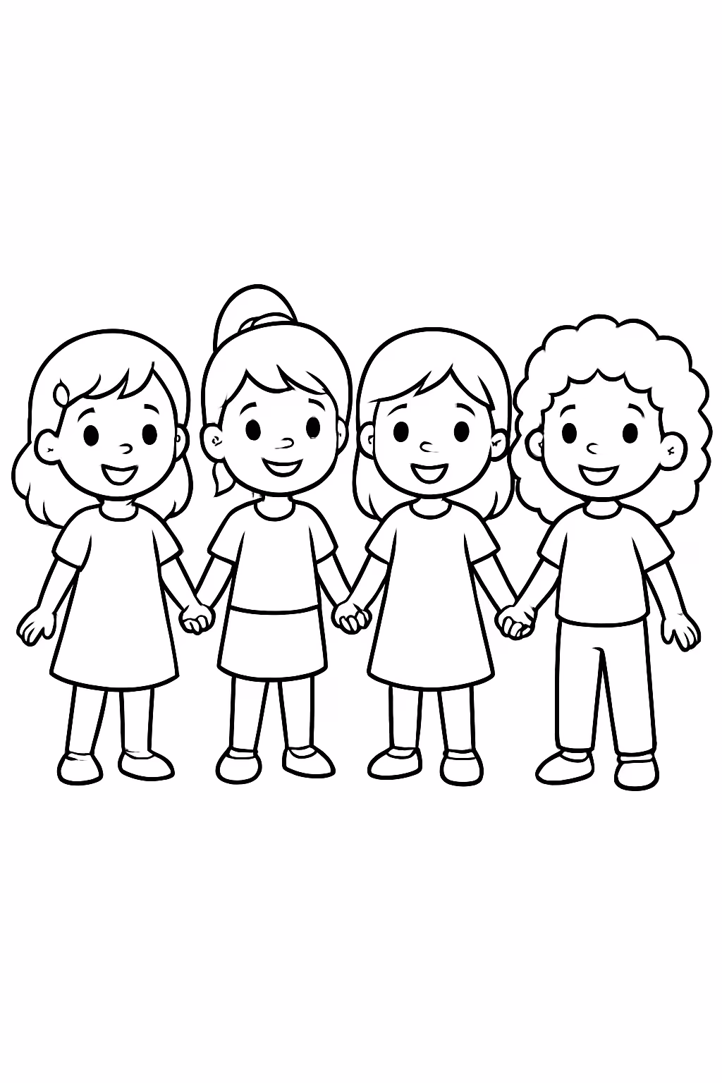 Quatro meninas de maos dadas para colorir — desenho para imprimir