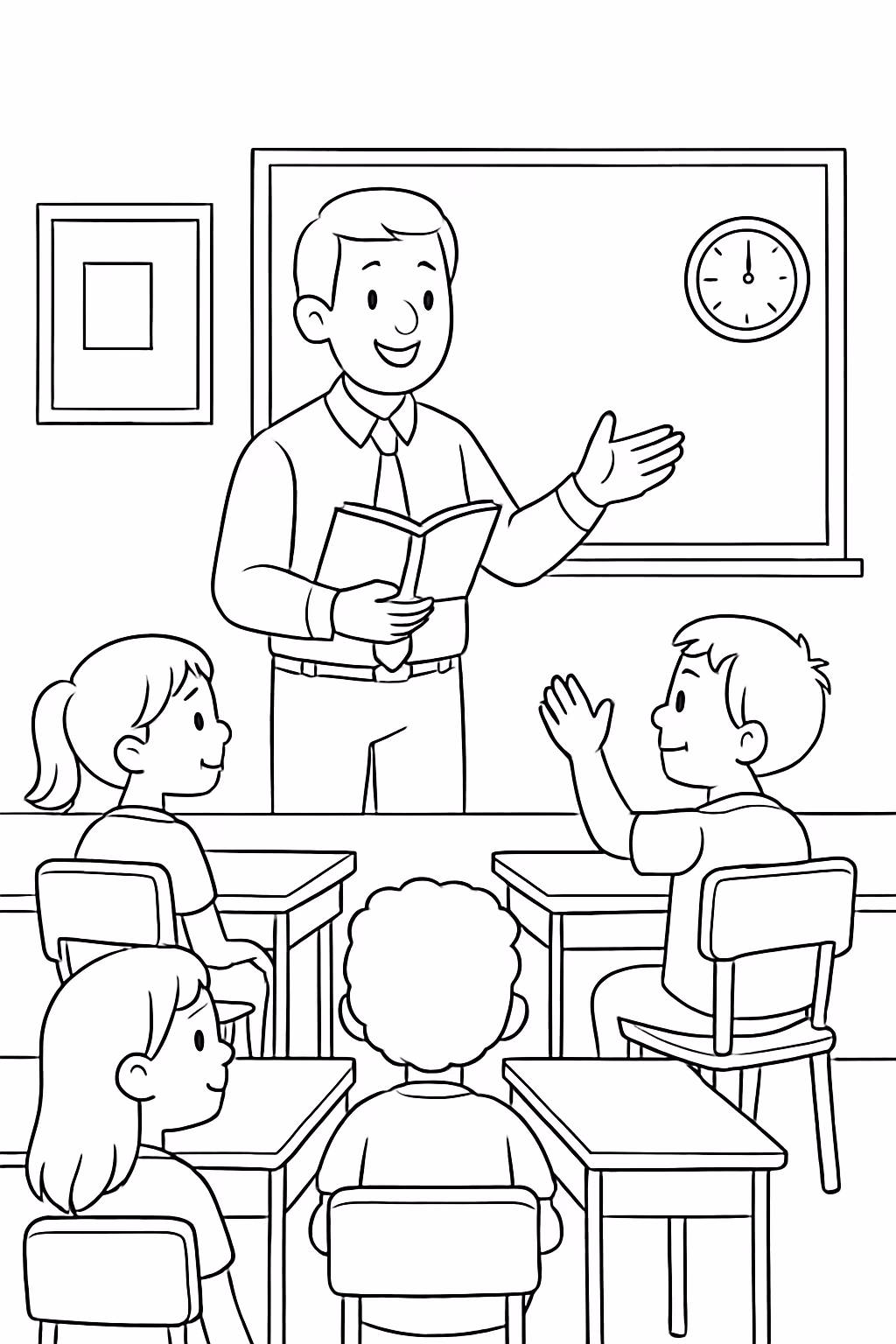 Quero um professor dentro de sala de aula com alunos para colorir — desenho para imprimir