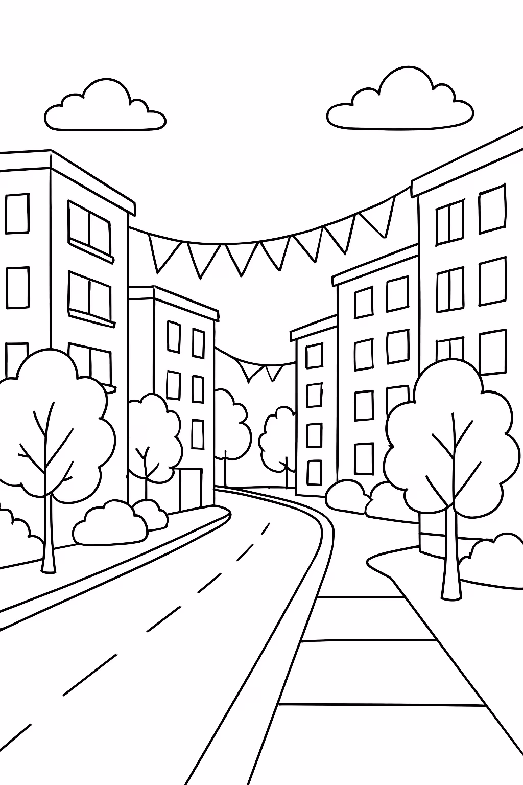 Rua de um condominio com predios e banderolas para colorir — desenho para imprimir