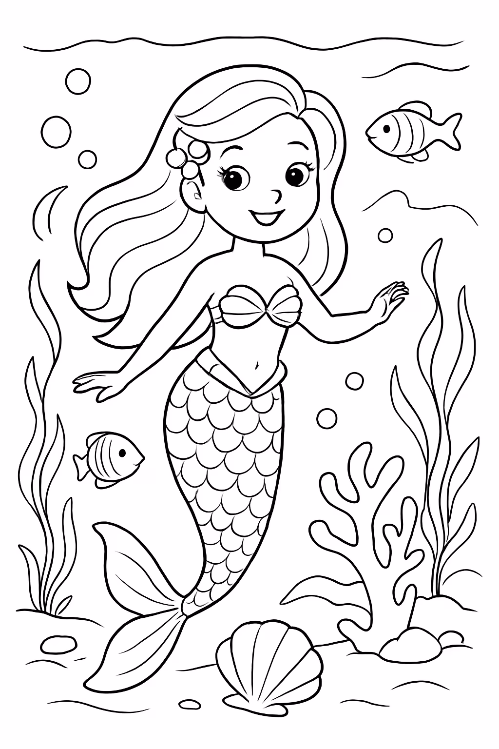 Sereia no fundo do mar barbe para colorir — desenho para imprimir