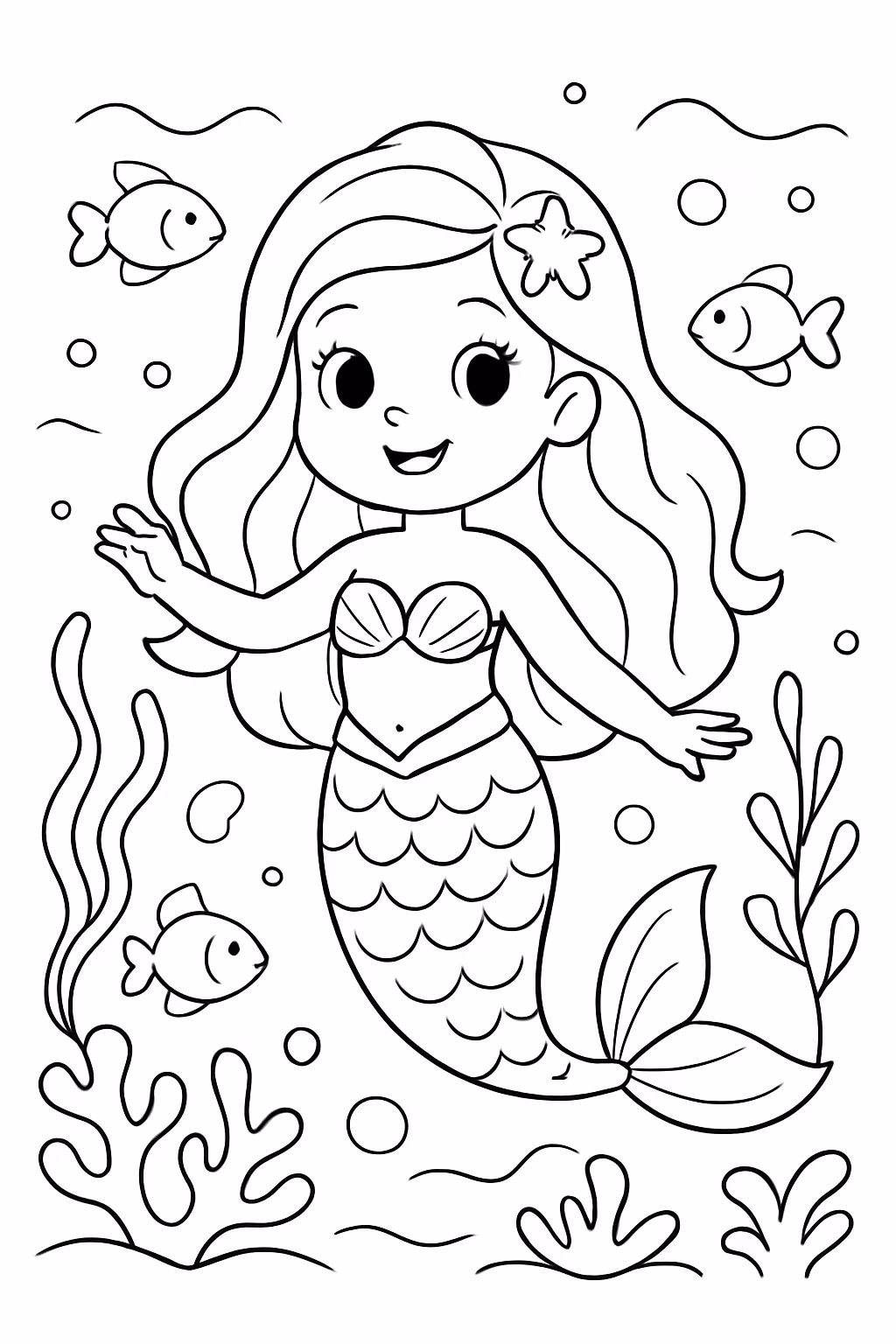 Sereia no fundo do mar fofa para colorir — desenho para imprimir