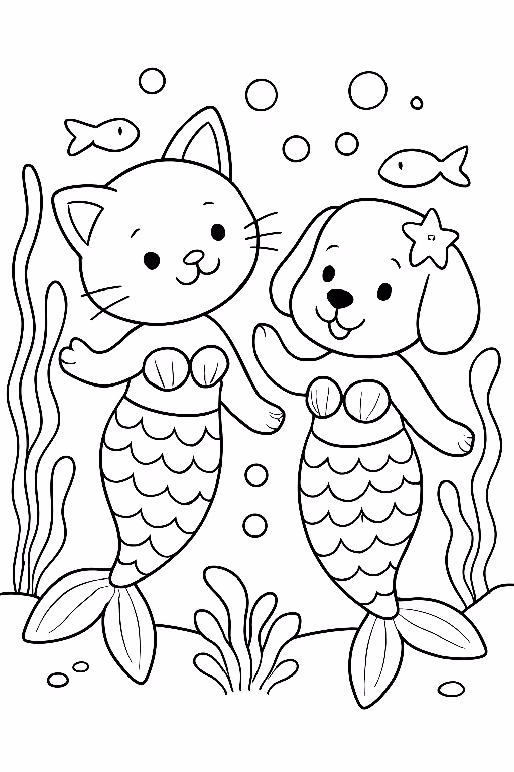 Sereia no fundo do mar versao gato e cachorro para colorir — desenho para imprimir