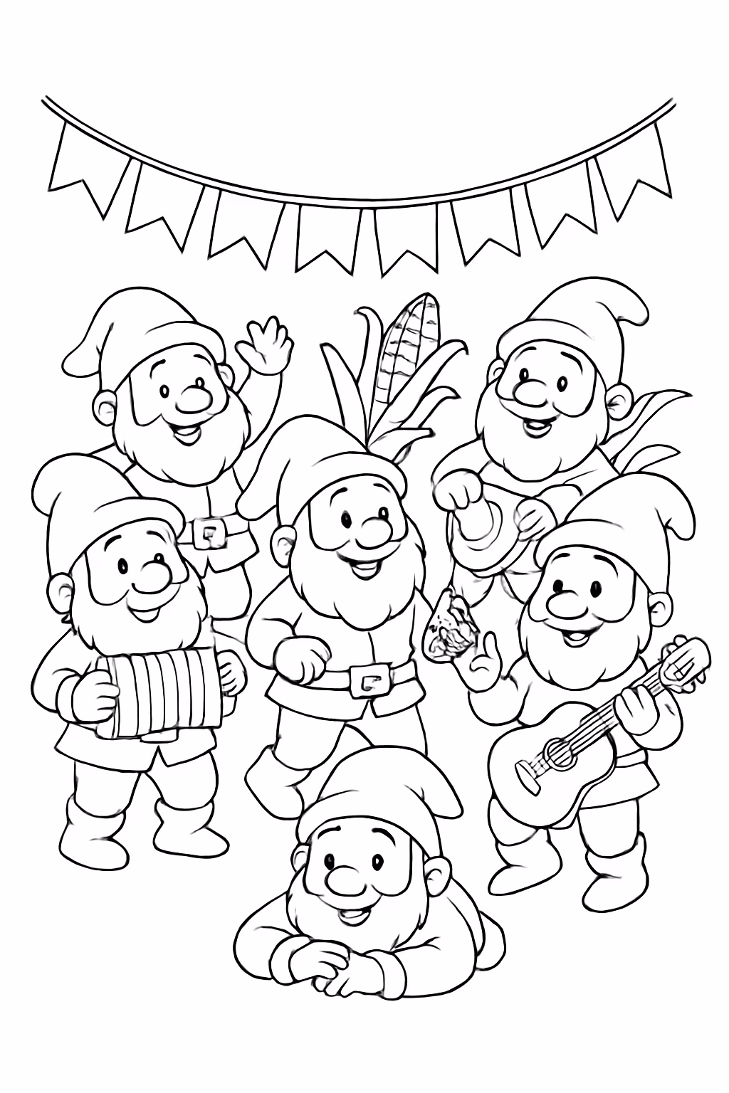 Sete anoes no arraia para colorir — desenho para imprimir