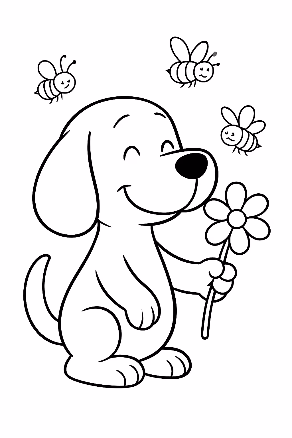 Snoppy segurando uma flor e umas abelhas em volta para colorir — desenho para imprimir