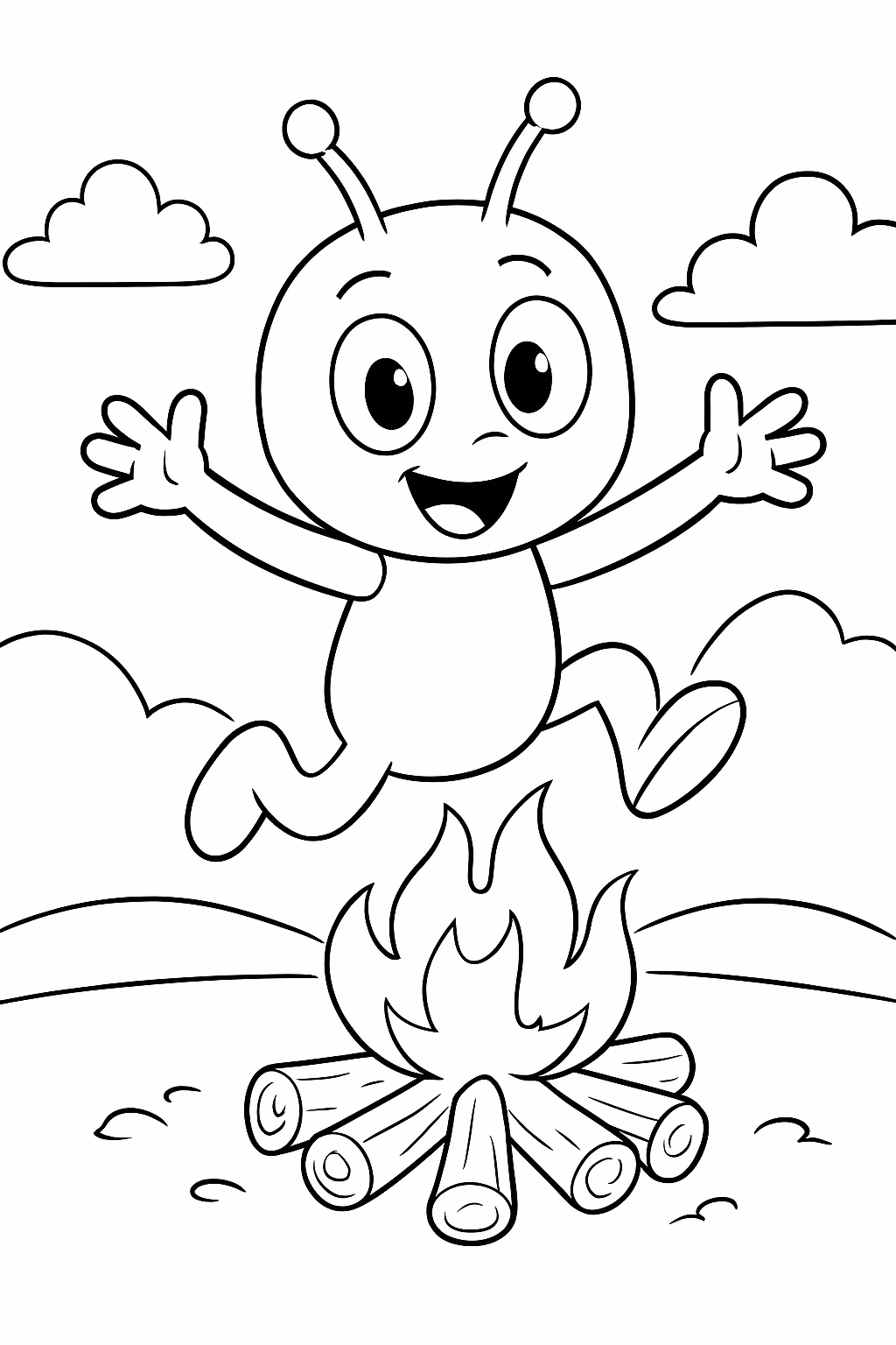 Stichi fazendo festa pulando fogueira para colorir — desenho para imprimir