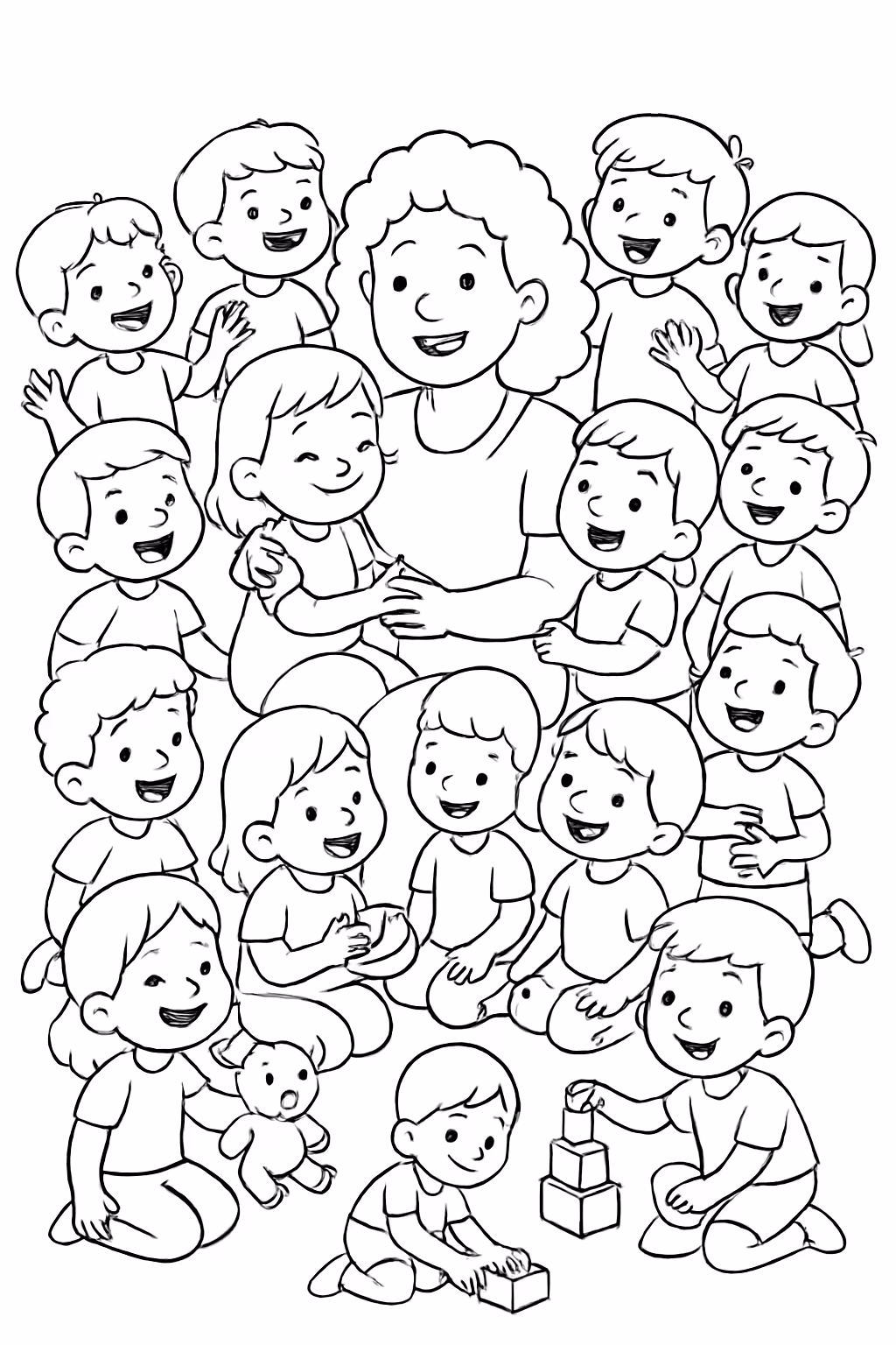 Tia iraci cuidando e brincando com criancas para colorir — desenho para imprimir