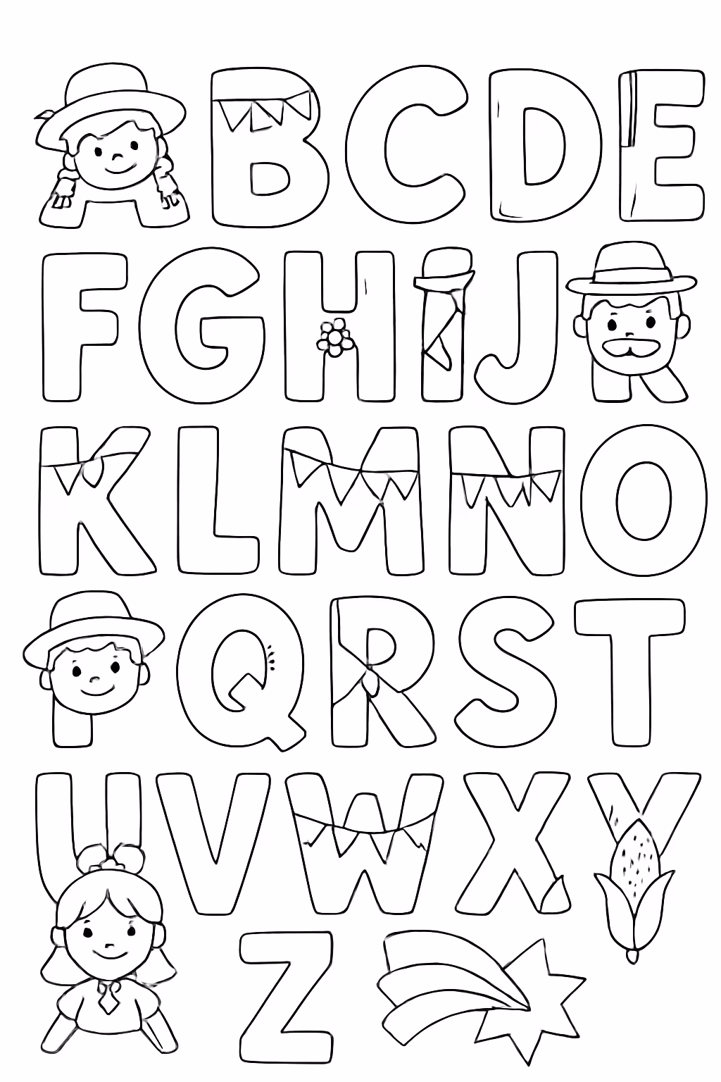 Todas as letras do alfabeto de festa junina para colorir — desenho para imprimir