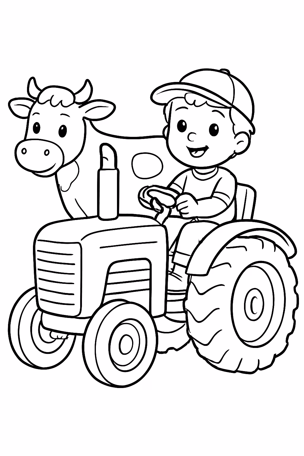 Trator com um menino e uma vaca para colorir — desenho para imprimir