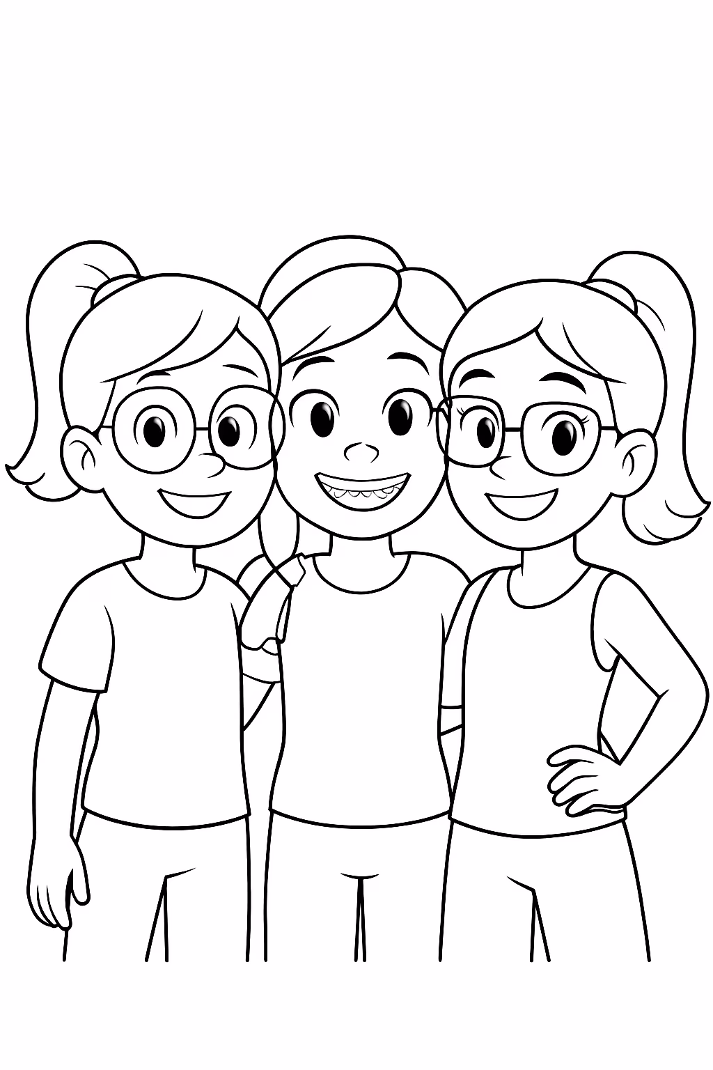 Tres amigas duas de oculos e aparelho e todas de para colorir — desenho para imprimir