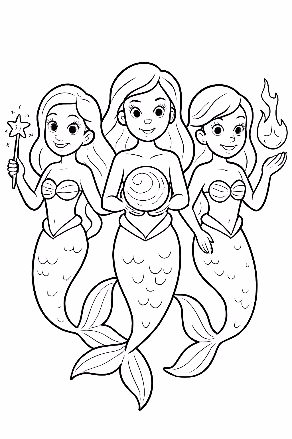 Tres sereias com poderes magicos cada um com um nome para colorir — desenho para imprimir