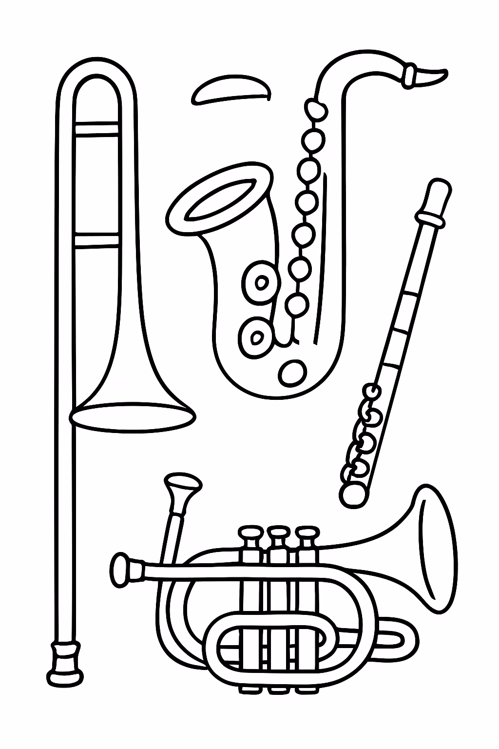 Trombone de vara saxofone flauta transversal trpete para colorir — desenho para imprimir